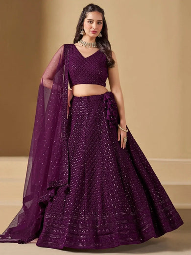 Lovable Wine Thread Embroidery Georgette Reception Wear Lehenga Choli - Ethnic Plus In